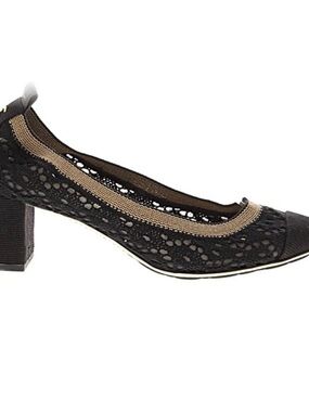 CHANEL Black Lace Block Heel Pumps with Gold Trim Accent